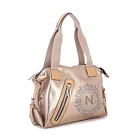 Kadın Taşlı Fermuarlı Şık Omuz Çantası ve Ayarlanabilir Askılı Altın Simli (33x30x12)